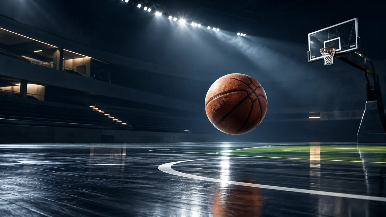 Basketball suspended above a dark illuminated court
