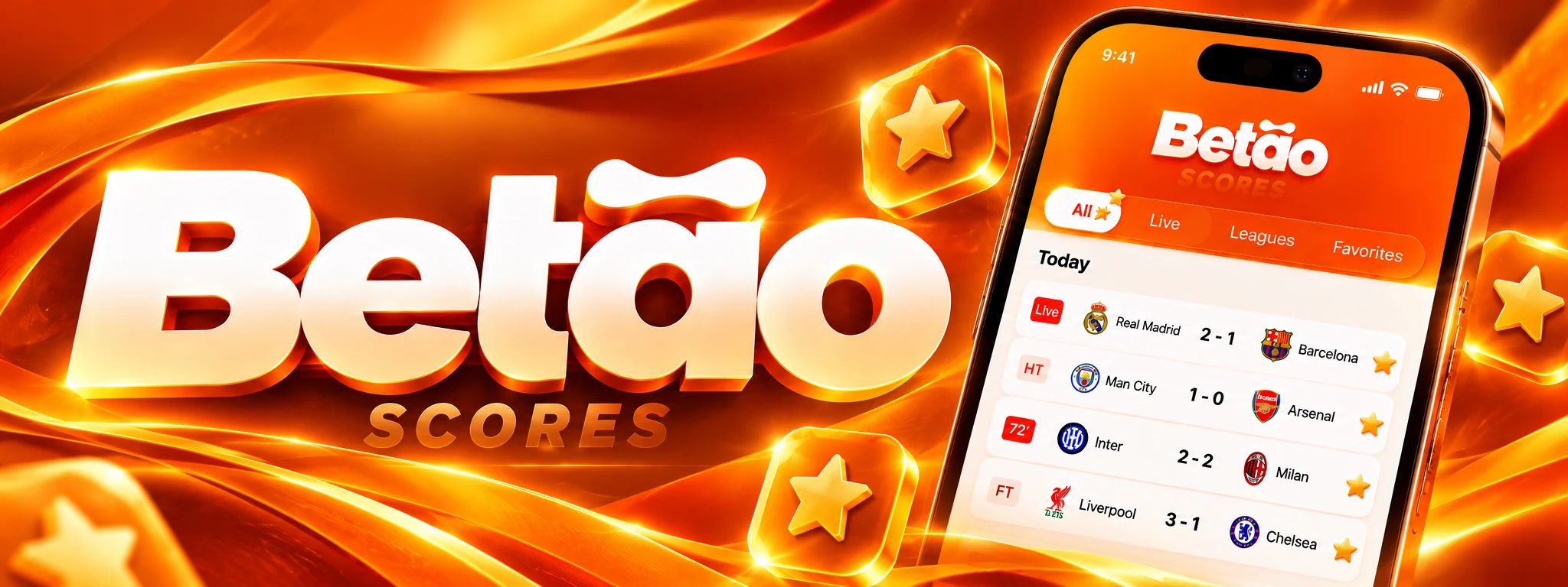 Betão Scores promotional banner with an orange and gold app identity, live football scores on a smartphone, and floating favorite stars